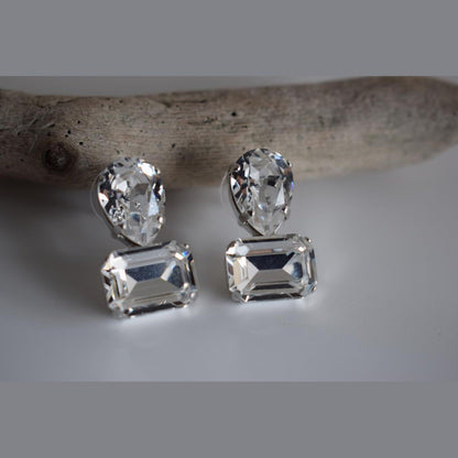 Okeanos earrings Greek hammered jewelry with emerald-cut and teardrop green crystals in 18K gold, silver, and rose gold plated finish.