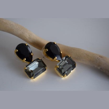 Okeanos earrings Greek hammered jewelry with emerald-cut and teardrop green crystals in 18K gold, silver, and rose gold plated finish.