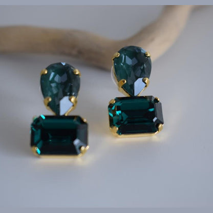 Okeanos earrings Greek hammered jewelry with emerald-cut and teardrop green crystals in 18K gold, silver, and rose gold plated finish.