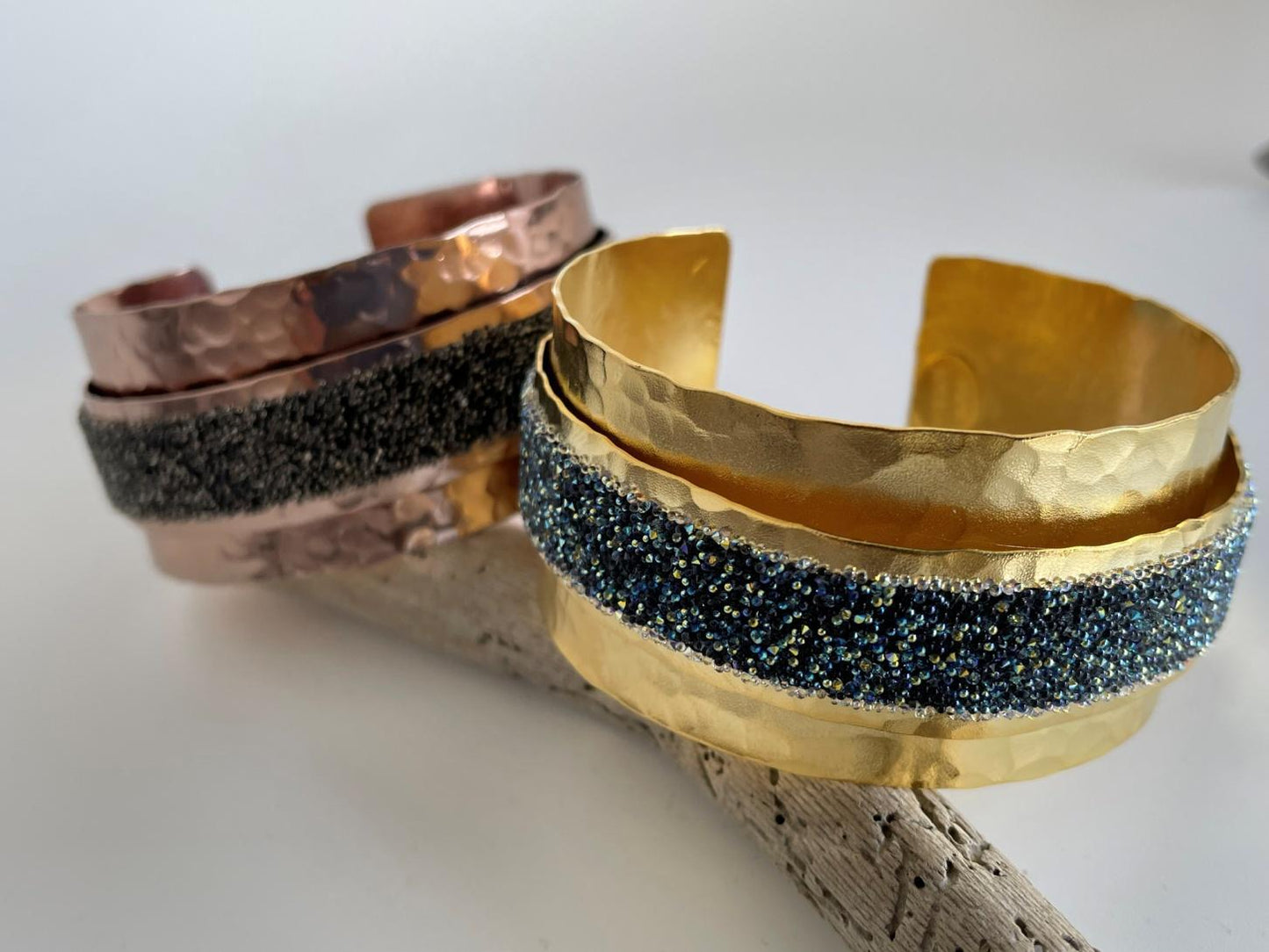 Handmade Eclipse bracelet with Swarovski crystals, Greek hammered jewelry available in 18K gold, silver and rose gold plating.