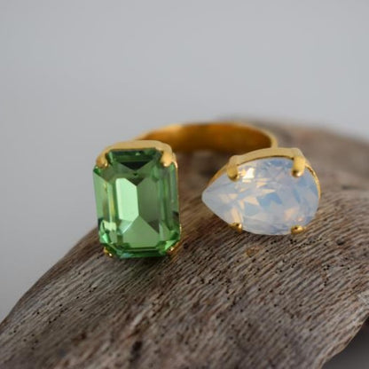 Okeanos ring Greek hammered jewelry with emerald-cut and teardrop crystals in 18K gold, silver, and rose gold plated finish.
