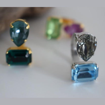 Okeanos ring Greek hammered jewelry with emerald-cut and teardrop crystals in 18K gold, silver, and rose gold plated finish.