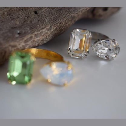 Okeanos ring Greek hammered jewelry with emerald-cut and teardrop crystals in 18K gold, silver, and rose gold plated finish.