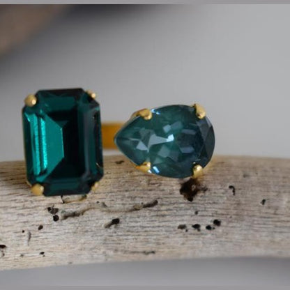 Okeanos ring Greek hammered jewelry with emerald-cut and teardrop crystals in 18K gold, silver, and rose gold plated finish.