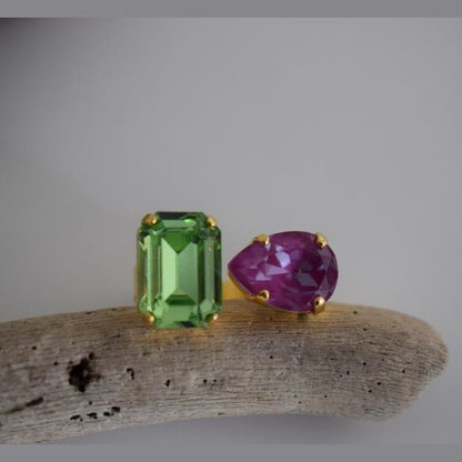 Okeanos ring Greek hammered jewelry with emerald-cut and teardrop crystals in 18K gold, silver, and rose gold plated finish.