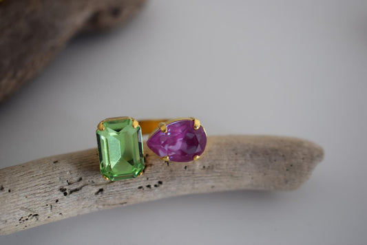 Okeanos ring Greek hammered jewelry with emerald-cut and teardrop crystals in 18K gold, silver, and rose gold plated finish.