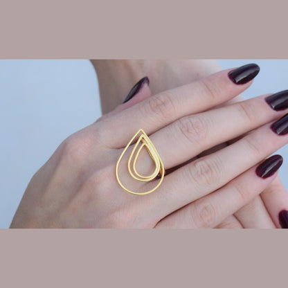 Nereis Ring – Handmade Greek Hammered Jewelry in gold or silver plated with elegant double teardrop design inspired by sea nymphs.