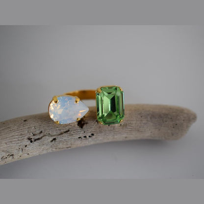 Okeanos ring Greek hammered jewelry with emerald-cut and teardrop crystals in 18K gold, silver, and rose gold plated finish.