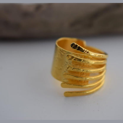 Mycenae ring – Greek hammered jewelry with spiral hammered design, inspired by Mycenaean treasures, available in 18K gold-plated, 18K silver-plated, and rose-gold plated finishes.