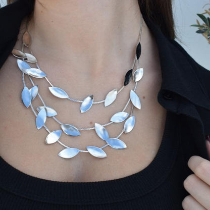 Elaia Necklace – Handmade Greek Hammered Jewelry in gold or silver plated, inspired by olive leaves with elegant three-layer design.