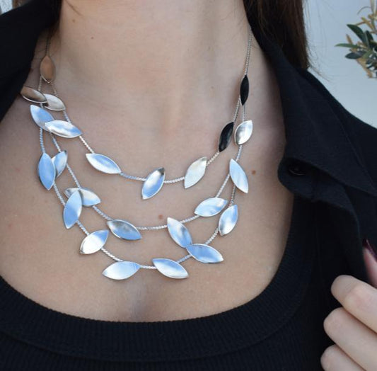 Elaia Necklace – Handmade Greek Hammered Jewelry in gold or silver plated, inspired by olive leaves with elegant three-layer design.
