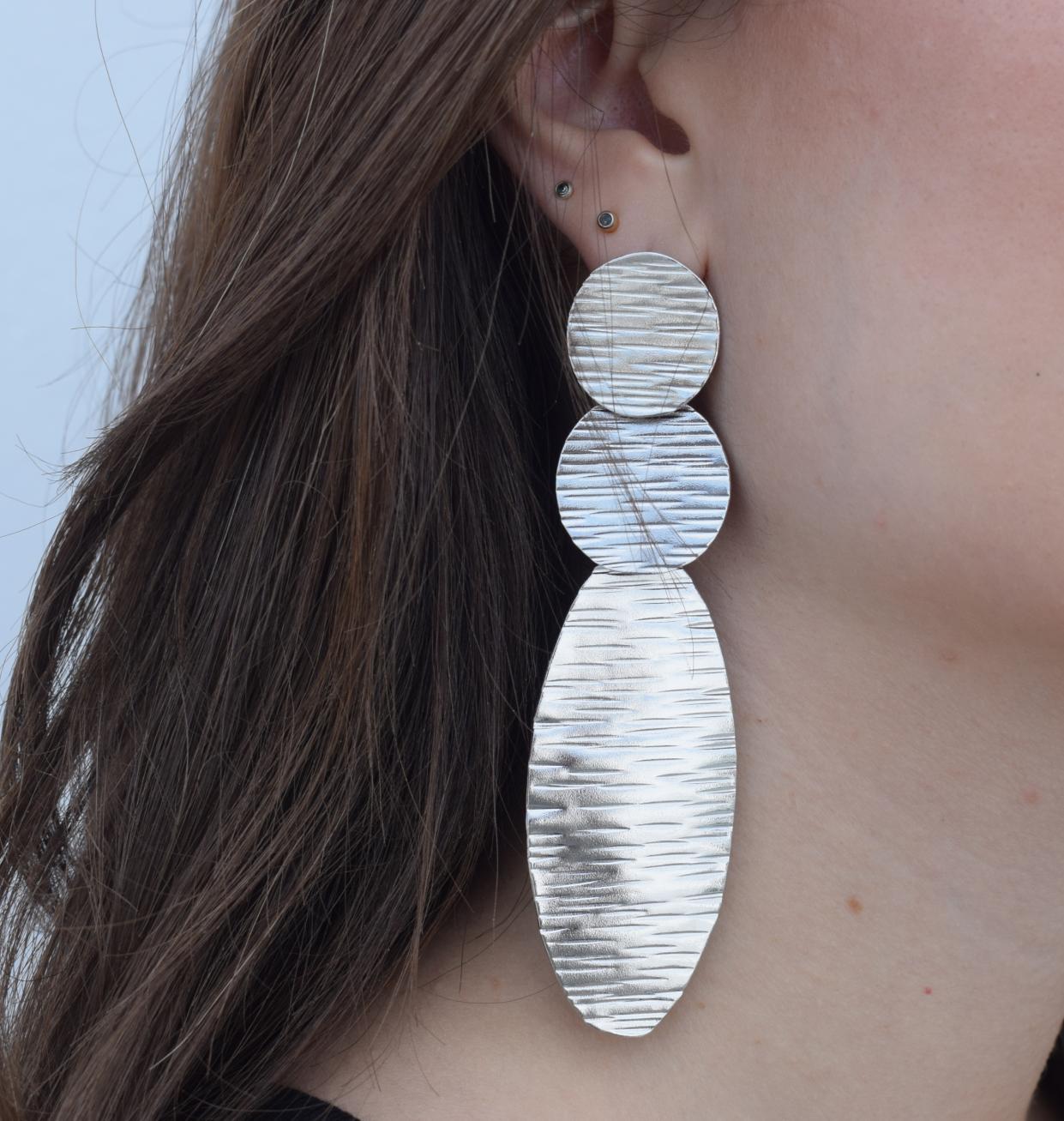 Hermes3 Earrings – Handmade Greek Hammered Jewelry in gold or silver plated with bold three-disc hammered design inspired by divine movement.