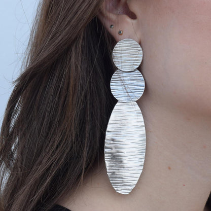 Hermes3 Earrings – Handmade Greek Hammered Jewelry in gold or silver plated with bold three-disc hammered design inspired by divine movement.