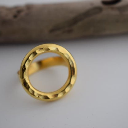Galaxia ring Greek hammered jewelry with circular open design, available in gold, silver, and rose gold plated.