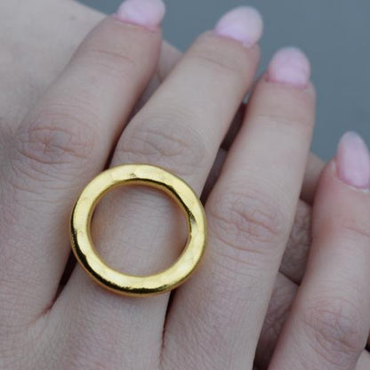 Galaxia ring Greek hammered jewelry with circular open design, available in gold, silver, and rose gold plated.