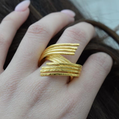 Desmos ring Greek hammered jewelry with bold layered design, available in gold, silver, and rose gold plated.