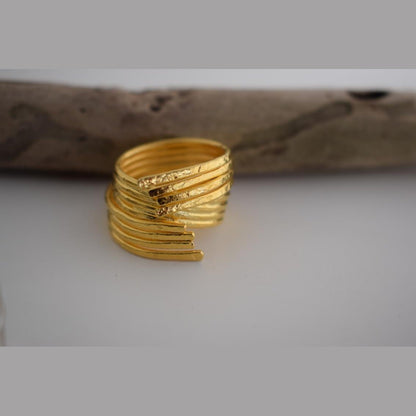 Desmos ring Greek hammered jewelry with bold layered design, available in gold, silver, and rose gold plated.
