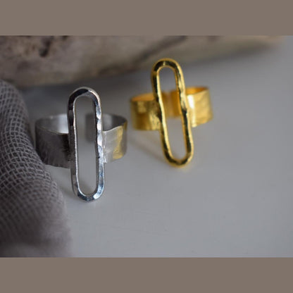 Aenaon ring Greek hammered jewelry with elongated oval design, available in gold, silver, and rose gold plated.