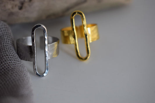 Aenaon ring Greek hammered jewelry with elongated oval design, available in gold, silver, and rose gold plated.