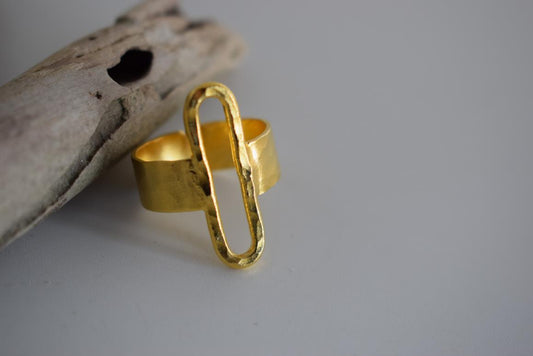 Aenaon ring Greek hammered jewelry with elongated oval design, available in gold, silver, and rose gold plated.