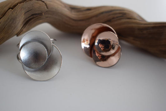 Mycenae ring Greek hammered jewelry with double-disc sculptural design, available in gold, silver, and rose gold plated.