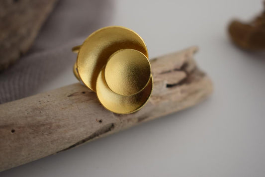 Mycenae ring Greek hammered jewelry with double-disc sculptural design, available in gold, silver, and rose gold plated.