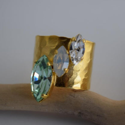 Amaryllis ring Greek hammered jewelry with marquise crystals, available in gold, silver, and rose gold plated.