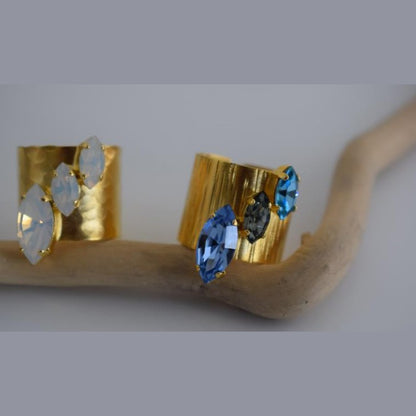 Amaryllis ring Greek hammered jewelry with marquise crystals, available in gold, silver, and rose gold plated.