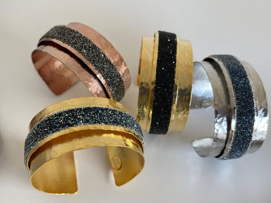 Handmade Eclipse bracelet with Swarovski crystals, Greek hammered jewelry available in 18K gold, silver and rose gold plating.