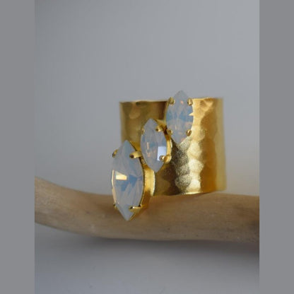 Amaryllis ring Greek hammered jewelry with marquise crystals, available in gold, silver, and rose gold plated.