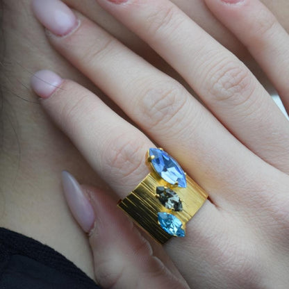 Amaryllis ring Greek hammered jewelry with marquise crystals, available in gold, silver, and rose gold plated.