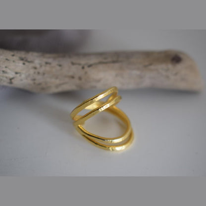 Olympiada ring Greek hammered jewelry with elegant triple-band design, available in gold, silver, and rose gold plated.