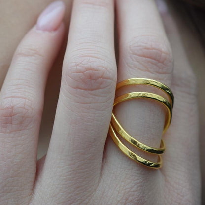 Olympiada ring Greek hammered jewelry with elegant triple-band design, available in gold, silver, and rose gold plated.
