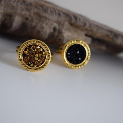 Seleni ring Greek hammered jewelry with crystals in gold and black tones, available in gold, silver, and rose gold plated.
