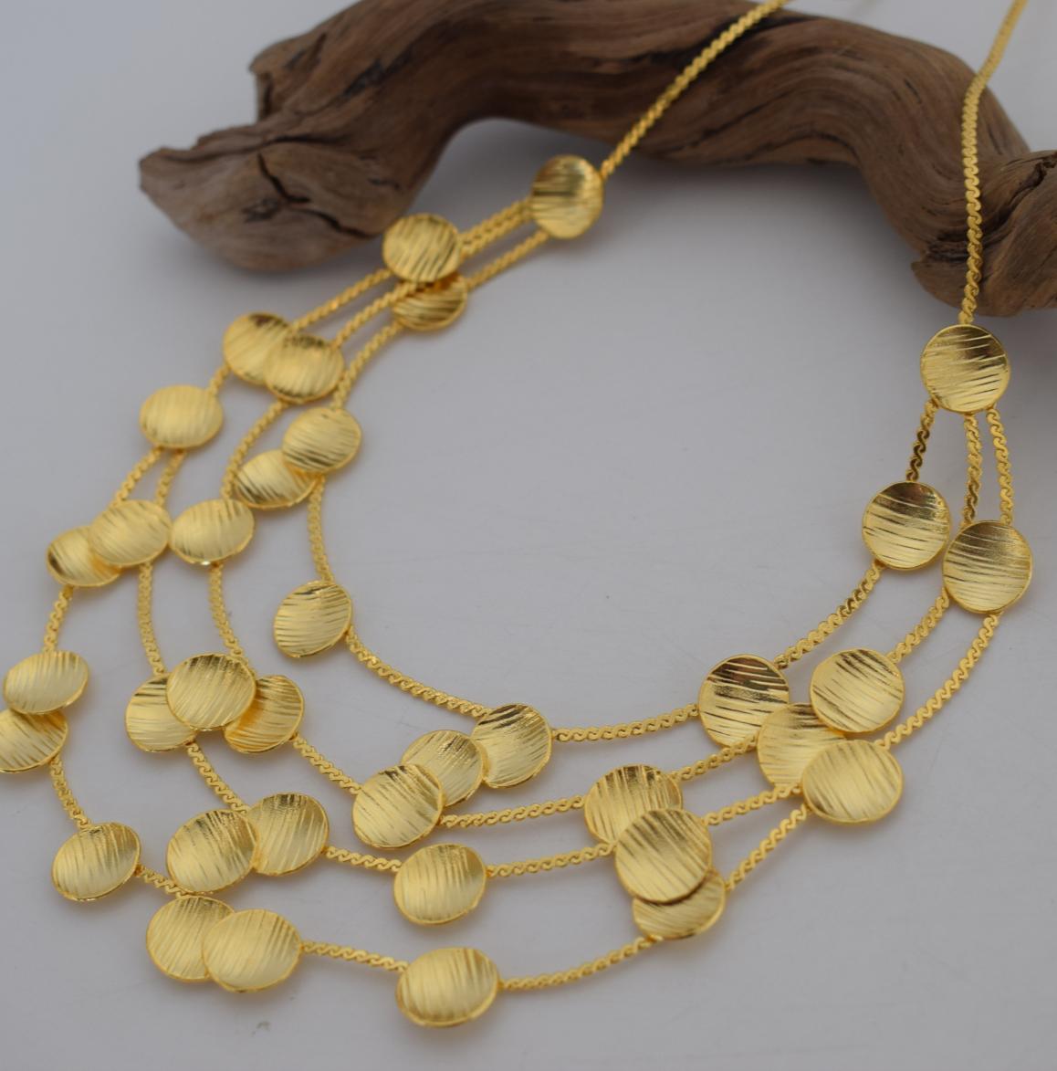 Kypros2 Necklace – Handmade Greek hammered jewelry with layered hammered disc design, available in 18K gold and silver plated.