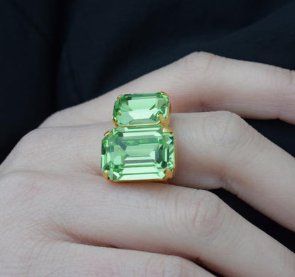 Handmade Electra ring with rectangular crystal, Greek hammered jewelry available in 18K gold, silver and rose gold plating.