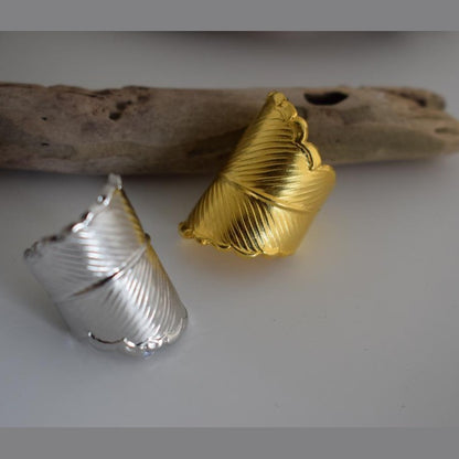 Narkissos ring Greek hammered jewelry with sculptural leaf-inspired texture, available in gold, silver, and rose gold plated.