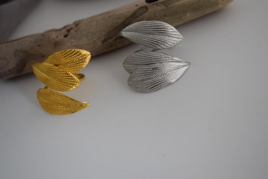 Narkissos II ring Greek hammered jewelry with elegant double-leaf design, available in gold, silver, and rose gold plated.