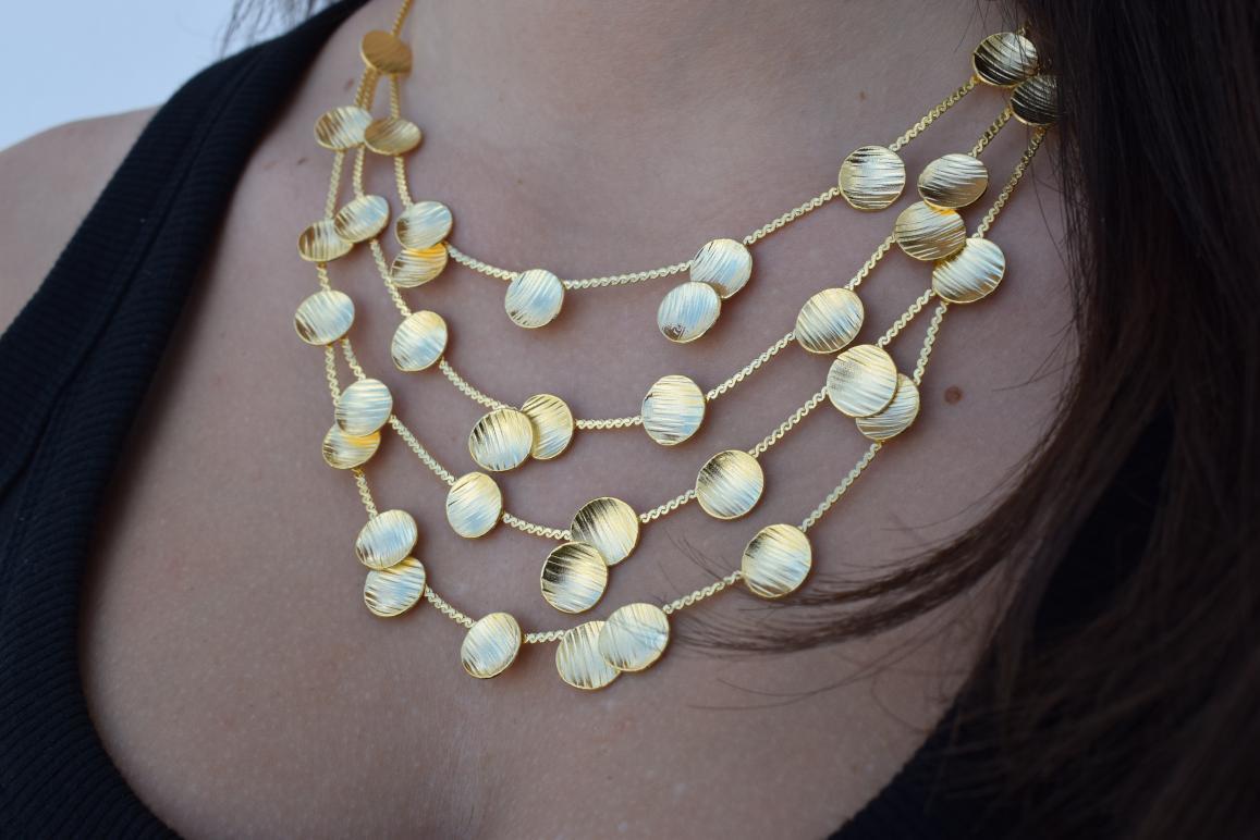Kypros2 Necklace – Handmade Greek hammered jewelry with layered hammered disc design, available in 18K gold and silver plated.