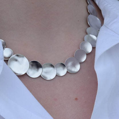 Mycenae necklace – Greek hammered jewelry – 18K gold or silver plated, also available in rose gold, hammered disc design