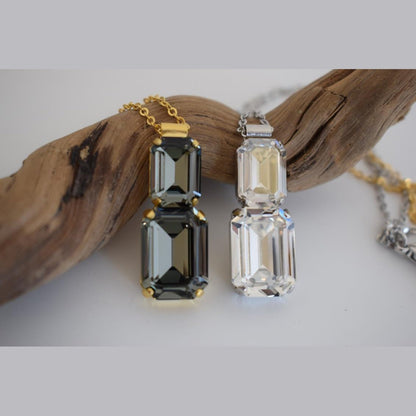 Handmade Electra necklace with rectangular crystals, Greek hammered jewelry available in 18K gold, silver and rose gold plating.