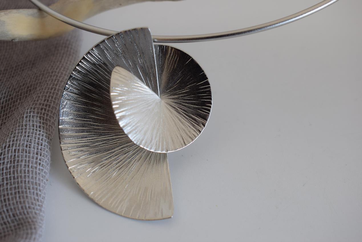 Kochlias necklace Greek hammered jewelry spiral seashell design in 18K gold, silver, and rose gold plated finish.