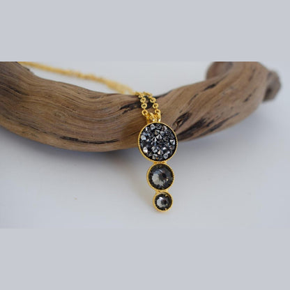 Seleni3 Necklace – Handmade Greek Hammered Jewelry in 18K gold or silver plated with triple crystal design inspired by the goddess Selene and moonlight.