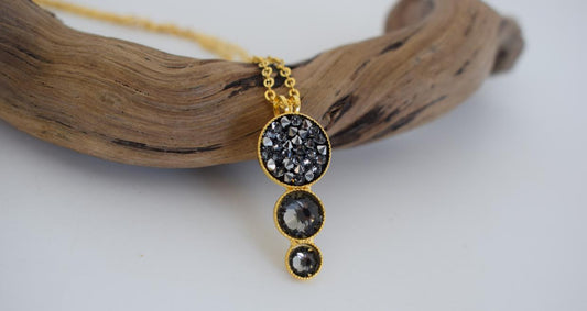 Seleni3 Necklace – Handmade Greek Hammered Jewelry in 18K gold or silver plated with triple Swarovski crystal design inspired by the goddess Selene and moonlight.