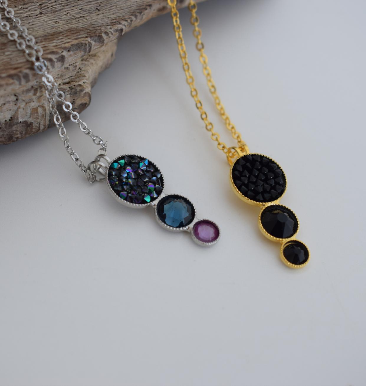Seleni3 Necklace – Handmade Greek Hammered Jewelry in 18K gold or silver plated with triple Swarovski crystal design inspired by the goddess Selene and moonlight.