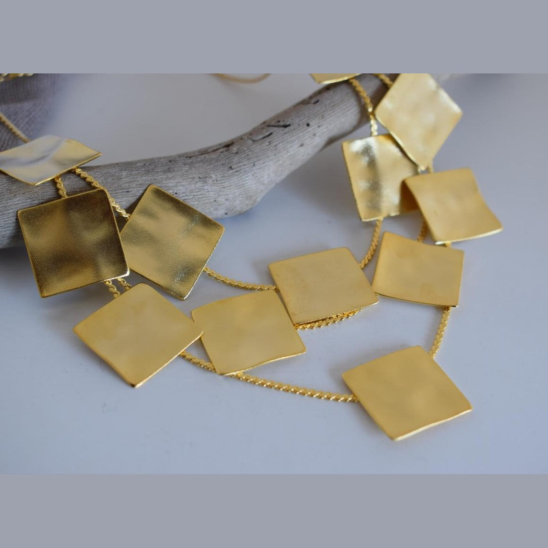 Daidalos necklace – Greek hammered jewelry – 18K gold or silver plated, also available in rose gold, hammered square design