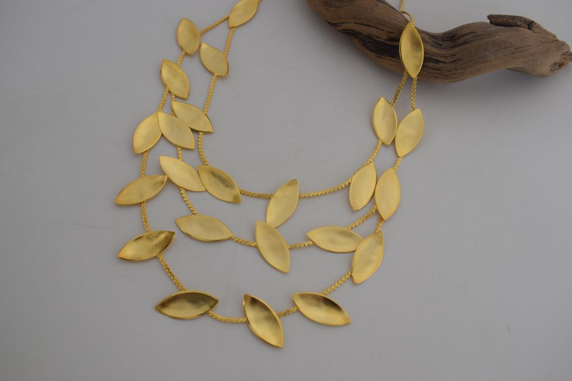 Elaia Necklace – Handmade Greek Hammered Jewelry in gold or silver plated, inspired by olive leaves with elegant three-layer design.