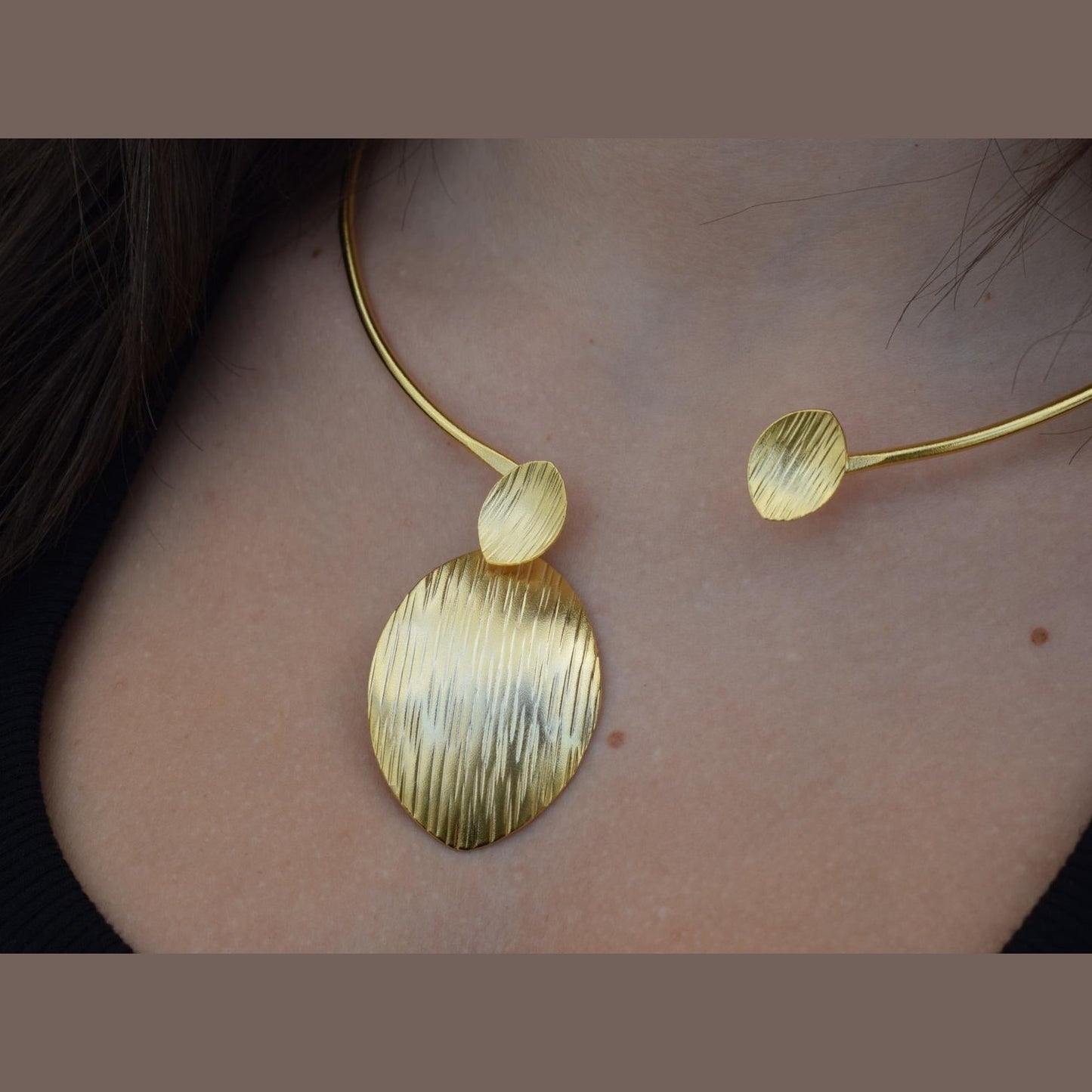 Ostraka II Necklace – Handmade Greek hammered jewelry in 18K gold or silver plated, inspired by ancient carved fragments with bold geometric texture.