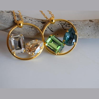 Okeanos 2 necklace with crystal Greek hammered jewelry 18K gold silver rose gold plated with emerald and sea blue crystal