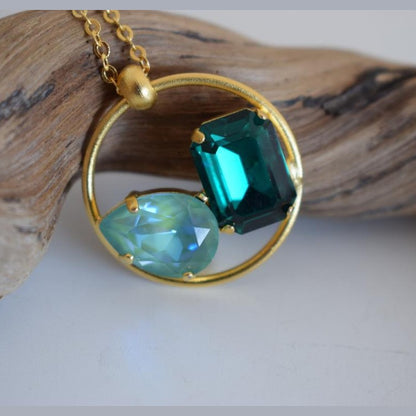 Okeanos 2 necklace with crystal Greek hammered jewelry 18K gold silver rose gold plated with emerald and sea blue crystal
